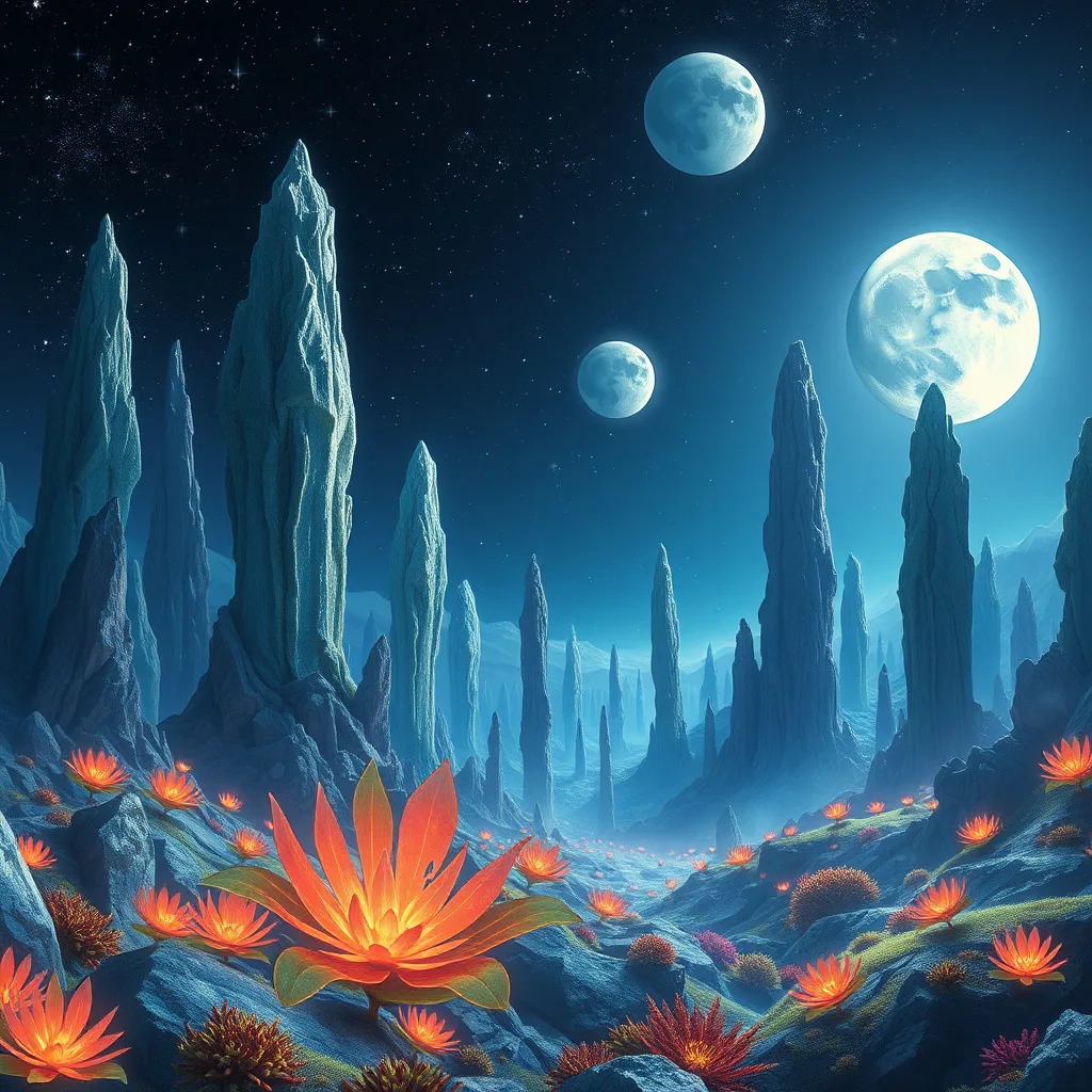 A mesmerizing alien world with towering crystals and glowing plants, evoking curiosity and awe.