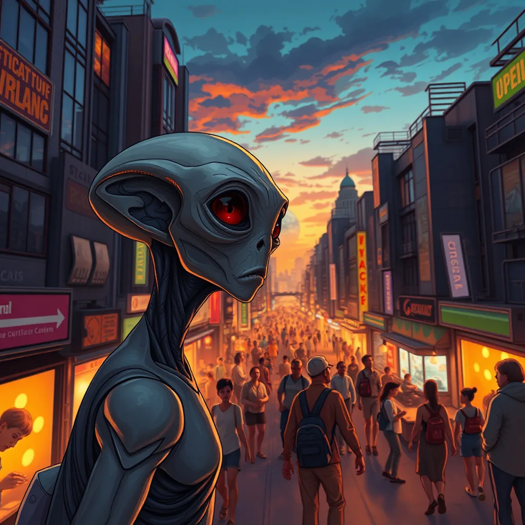 A vivid scene of an alien in a bustling city, capturing its wonder and curiosity about human emotions.