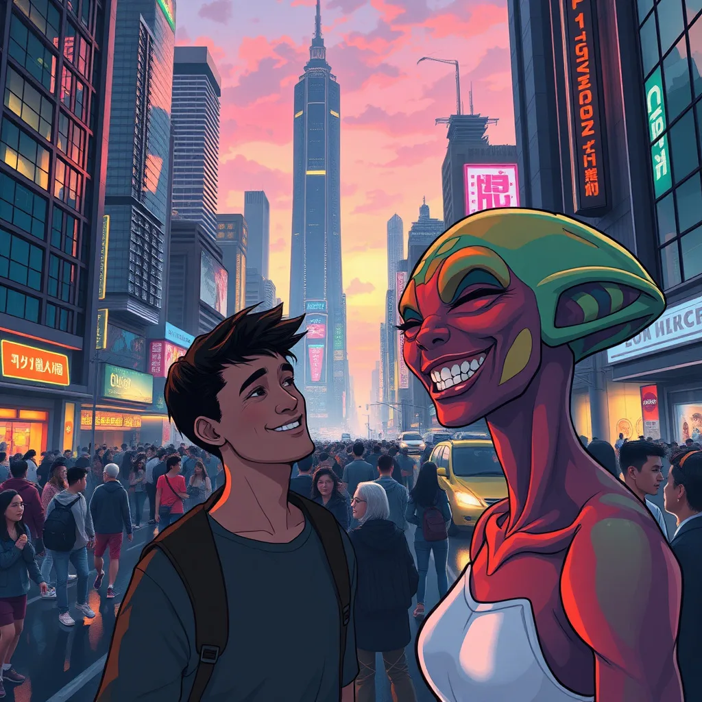 A vibrant futuristic city scene featuring a human and an alien sharing a joyful moment amidst neon lights.
