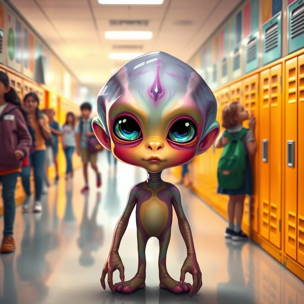 A colorful alien child in a bright school hallway, surrounded by human students, capturing the essence of friendship and curiosity.