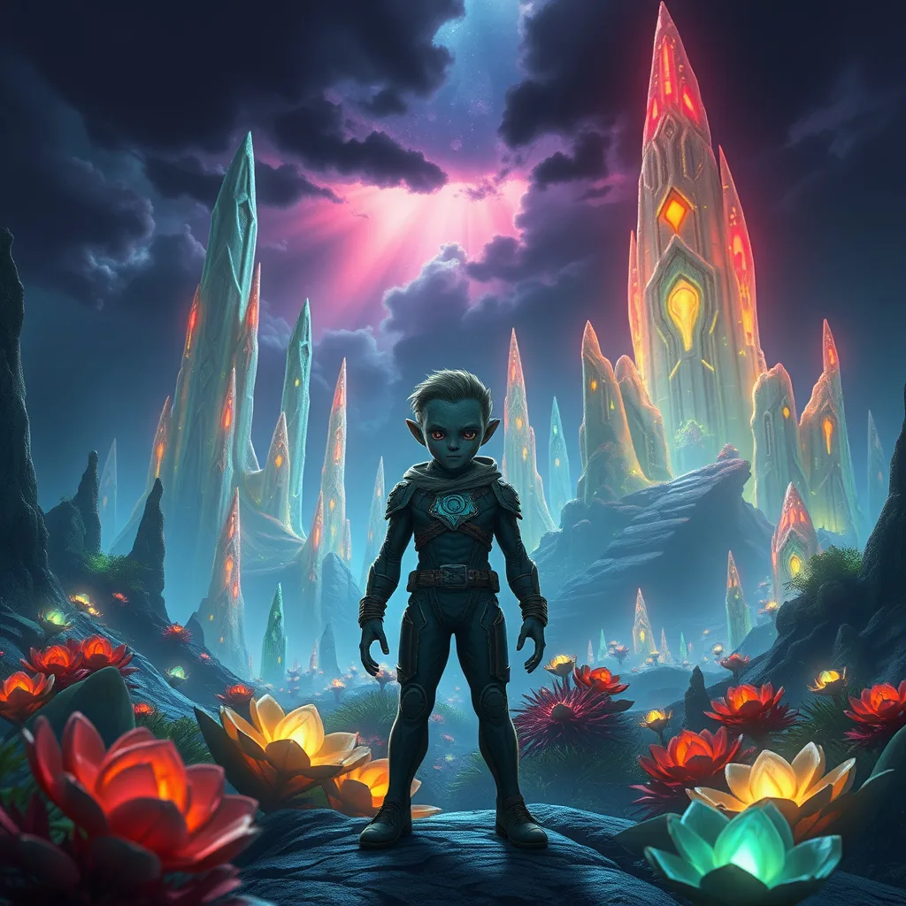 A young alien standing in a vibrant landscape, facing a looming disaster with determination.