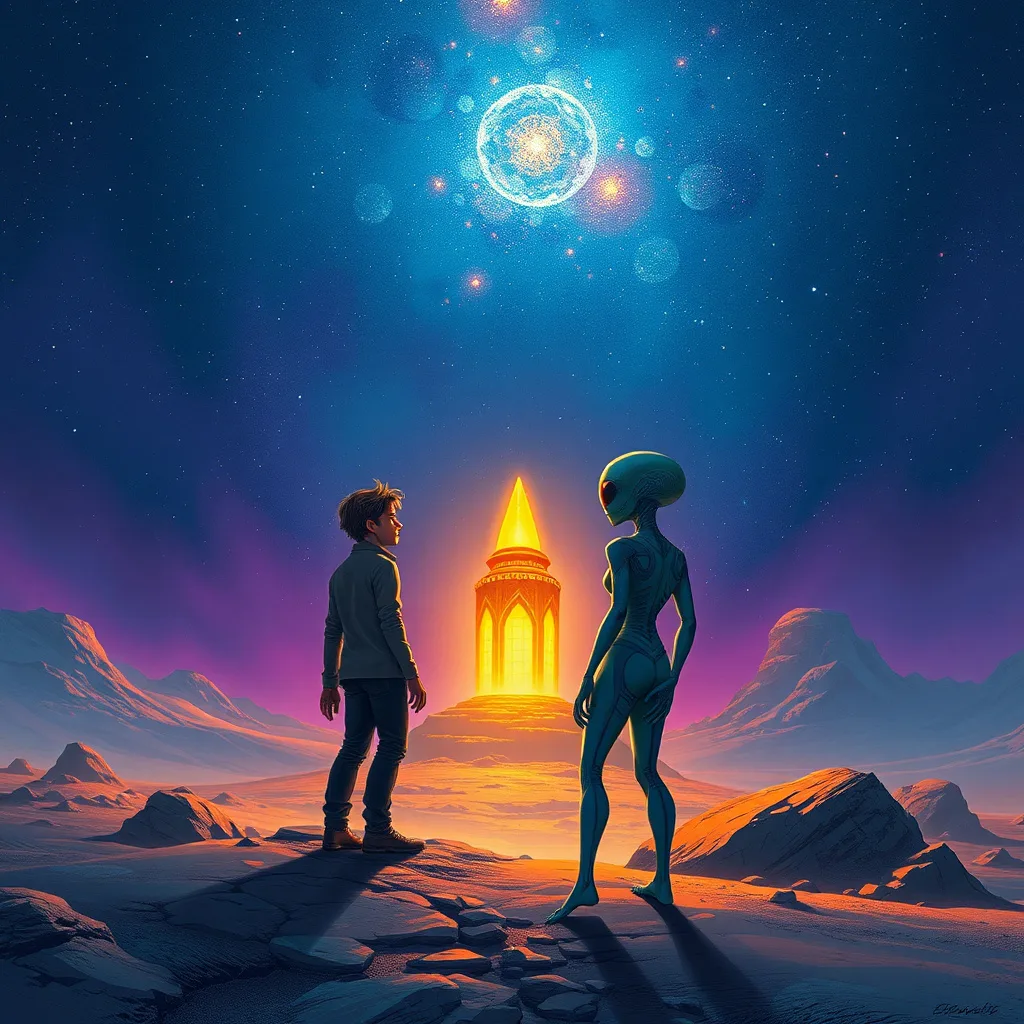A human and an alien exploring an ancient artifact on a vibrant alien planet under a starry sky, conveying a sense of mystery and adventure.