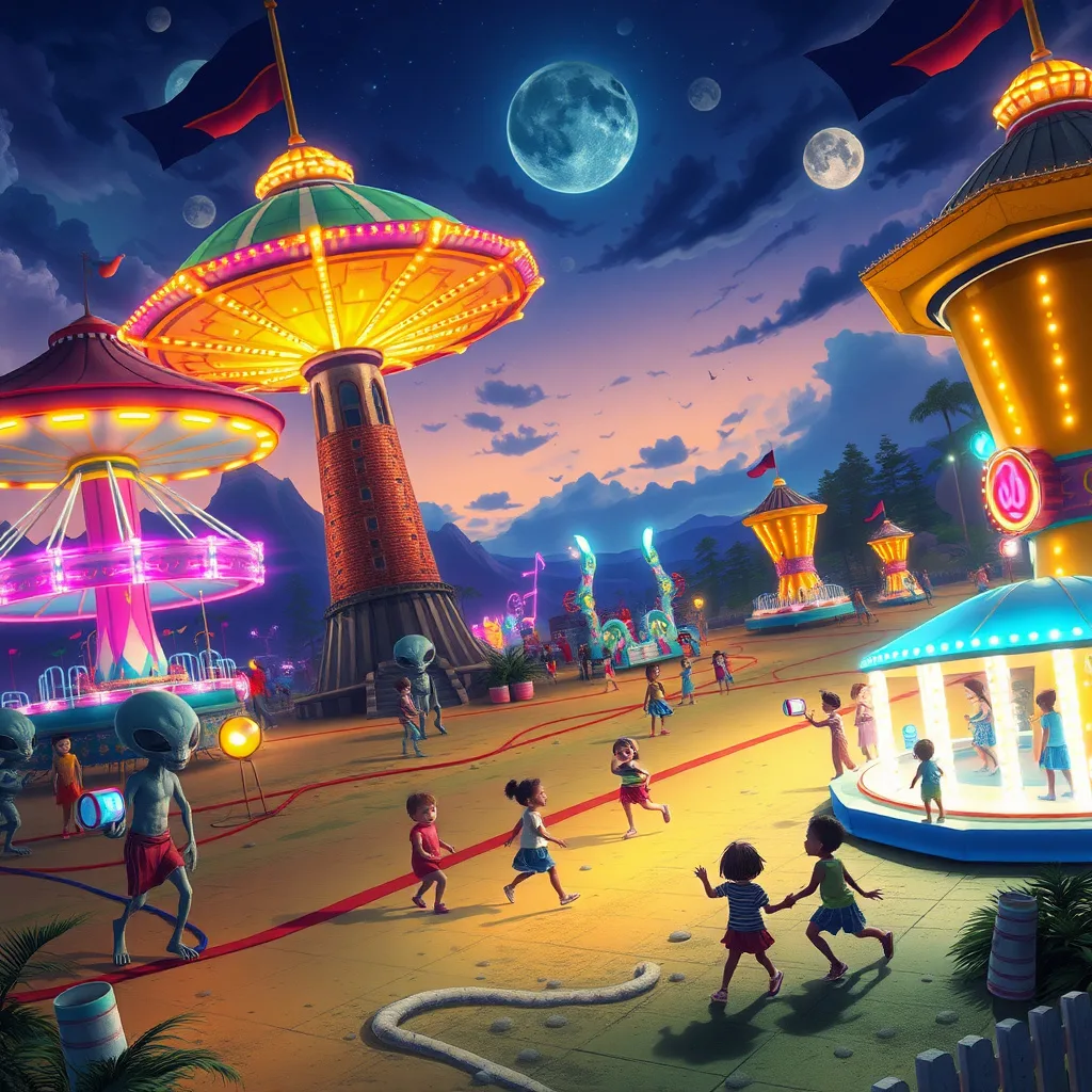 An enchanting alien playground scene with colorful rides and joyful children, radiating a magical atmosphere of wonder and friendship.