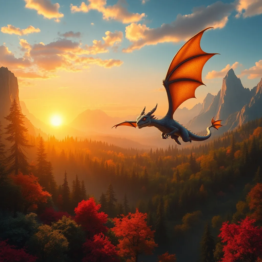 A young dragon flying over a majestic landscape at sunset, embodying adventure and bravery.