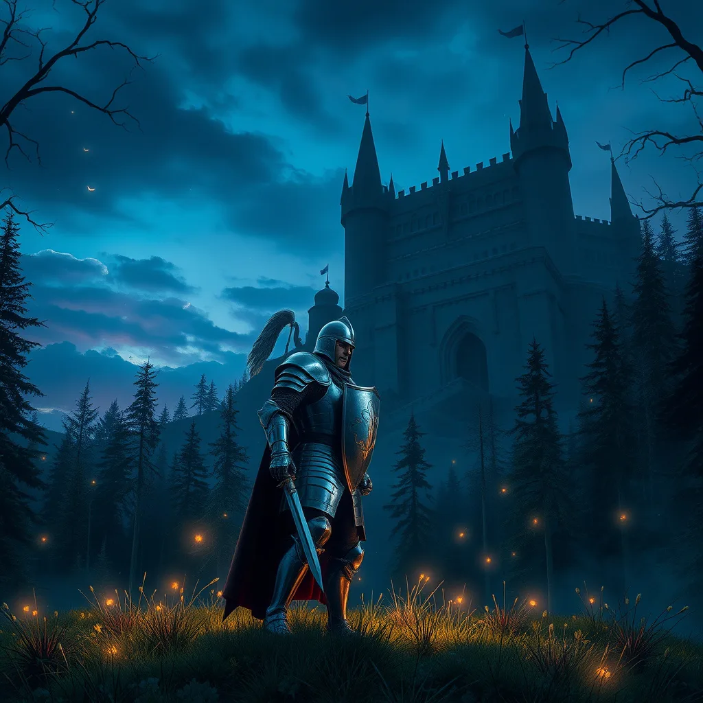 A knight standing before an enchanted forest, glowing fairies around, with a dark castle in the distance.