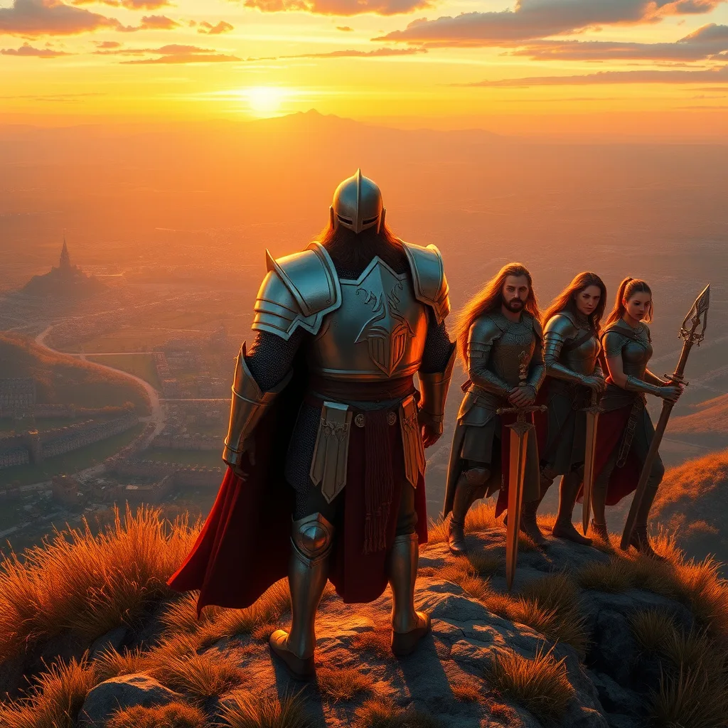 A brave knight with his diverse team overlooking a kingdom at sunset, symbolizing unity and courage.