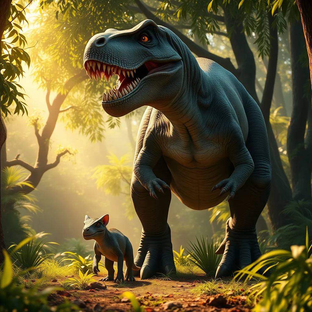 A heartwarming scene of a T-Rex and a small herbivore in a lush jungle, symbolizing friendship and bravery.