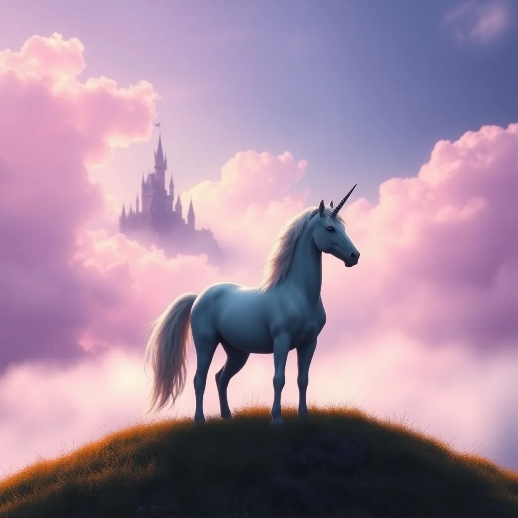 A brave unicorn on a hill, looking towards a magical castle in a misty, enchanting landscape.