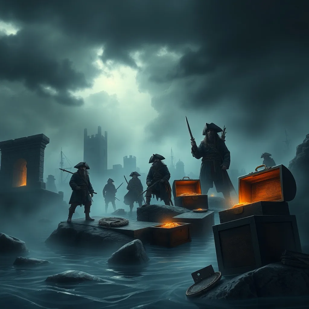 An adventurous pirate crew discovering treasure on a misty, mysterious island filled with ancient ruins.