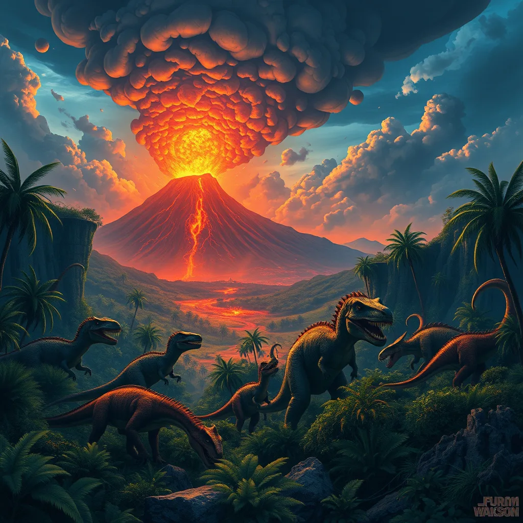 Dramatic scene of dinosaurs fleeing a fiery volcanic eruption, showcasing their struggle and teamwork amidst chaos.
