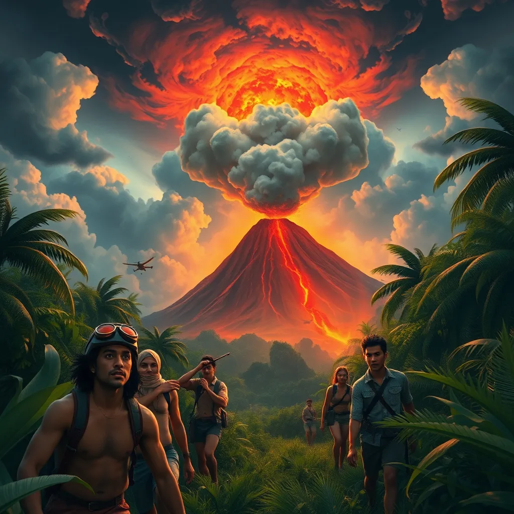 A group of adventurers prepares to rescue a baby dinosaur from an active volcano, capturing the tense atmosphere of their mission.