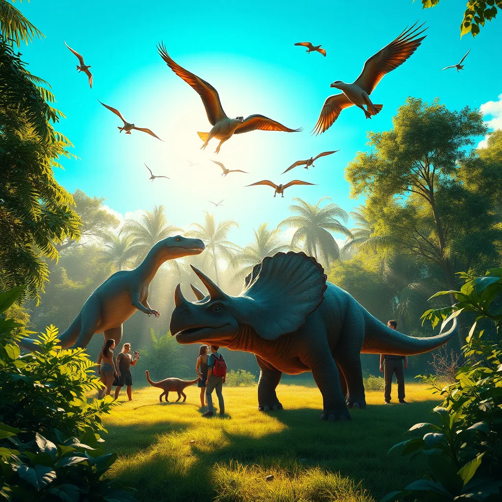A vibrant landscape showing humans interacting with dinosaurs, capturing the harmony of coexistence.