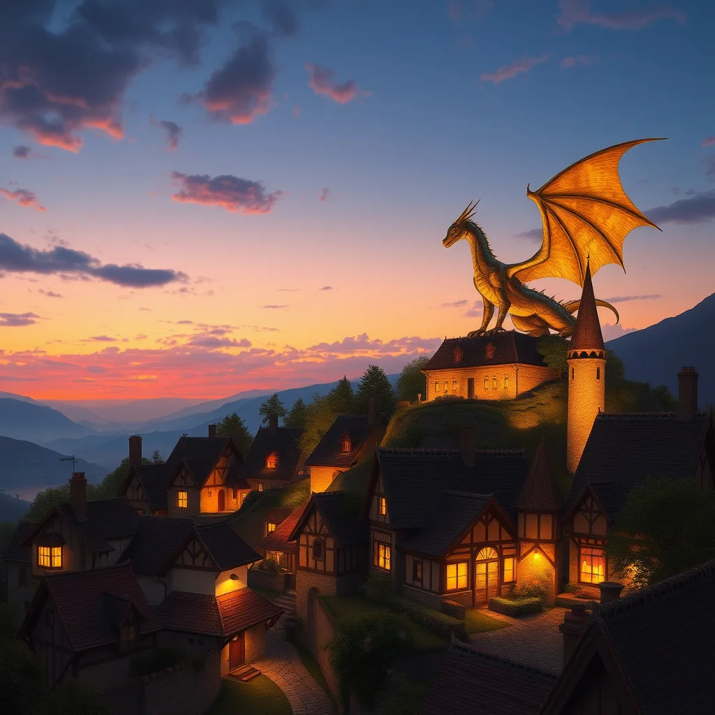 A shimmering dragon perched on a hilltop overlooking a medieval village at twilight, evoking warmth and friendship.