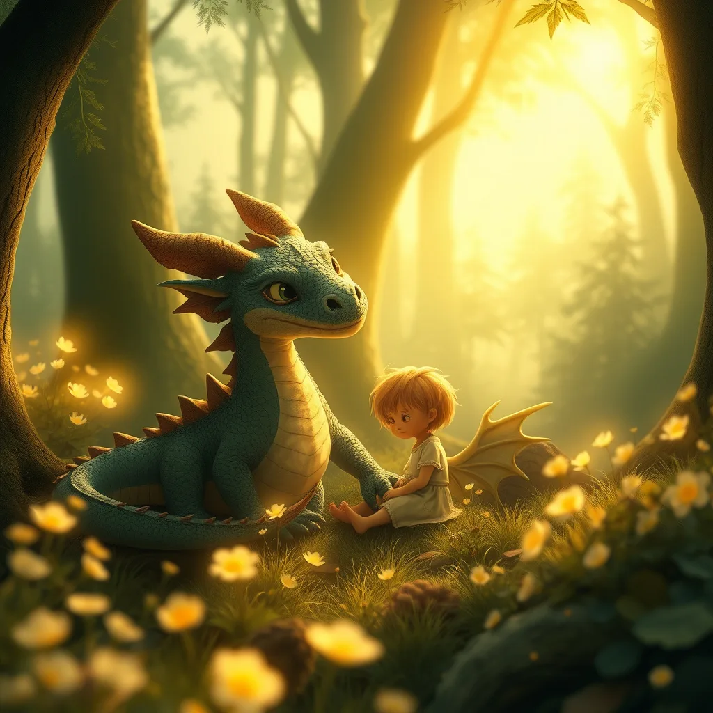 A heartwarming scene of a dragon and a lost child in a magical forest, surrounded by glowing flowers and mystical trees.