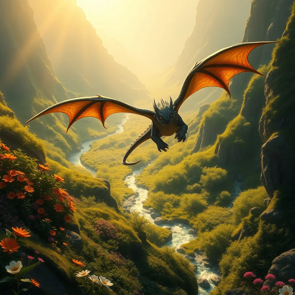 A vibrant scene of a young dragon flying over a magical valley, filled with flowers and sunlight.