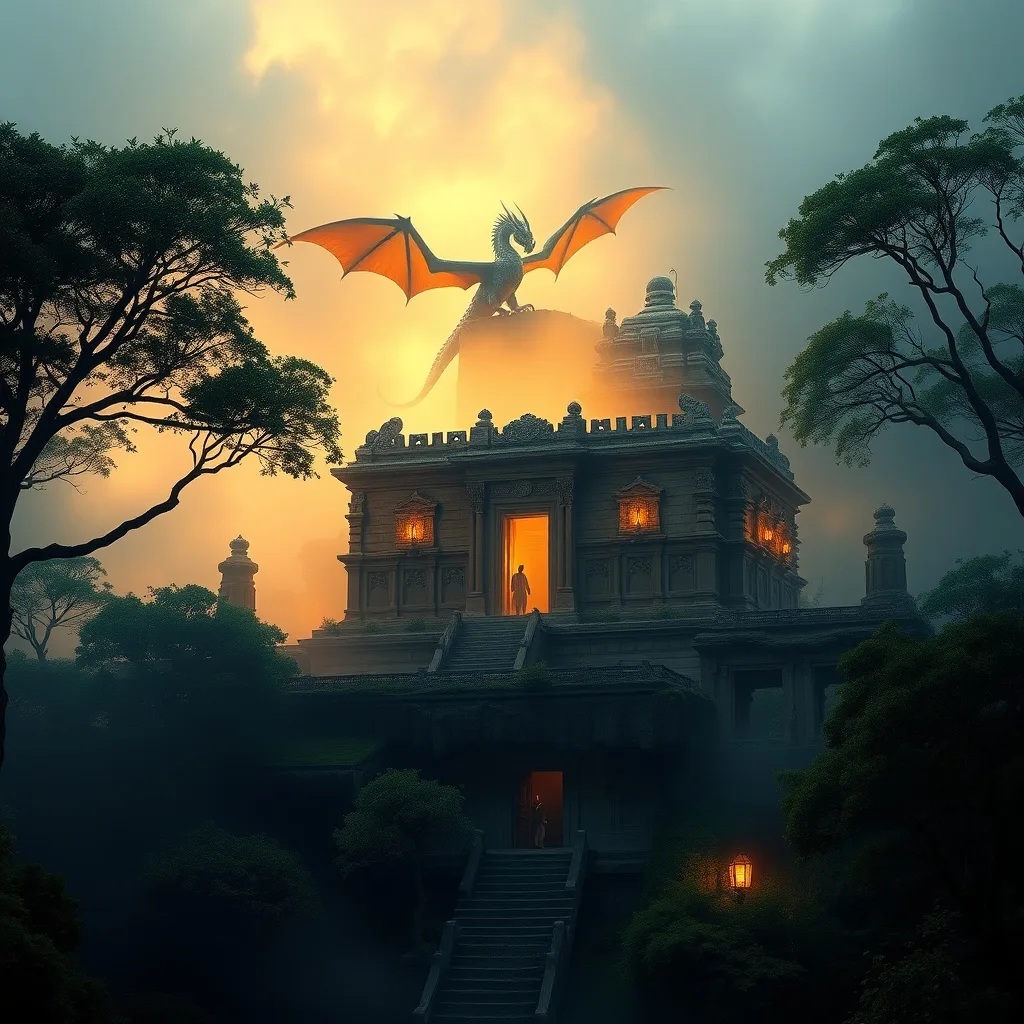 A majestic dragon guarding an ancient temple, surrounded by mist and mystery.
