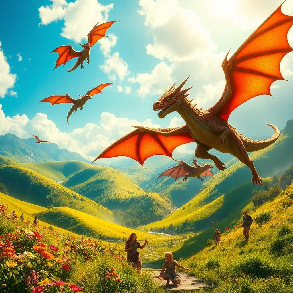 A vibrant scene of dragons flying above joyful humans in a lush valley of harmony and friendship.
