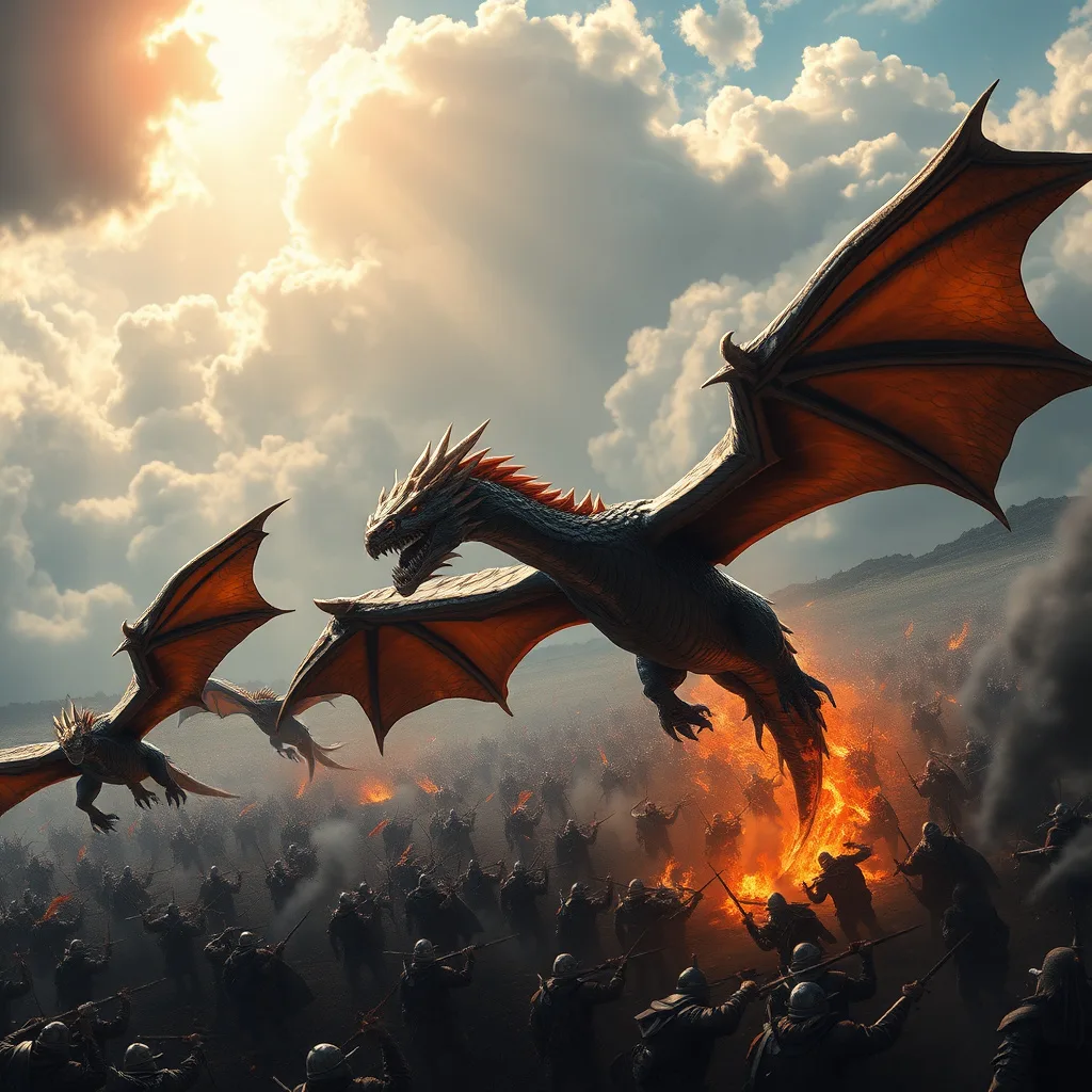 Fierce dragons flying over a medieval battlefield, embodying bravery against an invading army.
