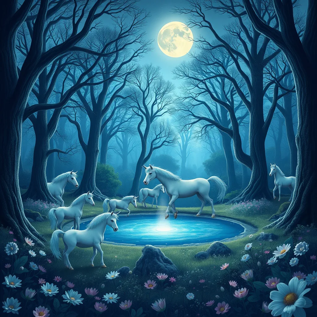 A serene enchanted forest scene with unicorns gathering under a full moon, exuding magic and mystery.