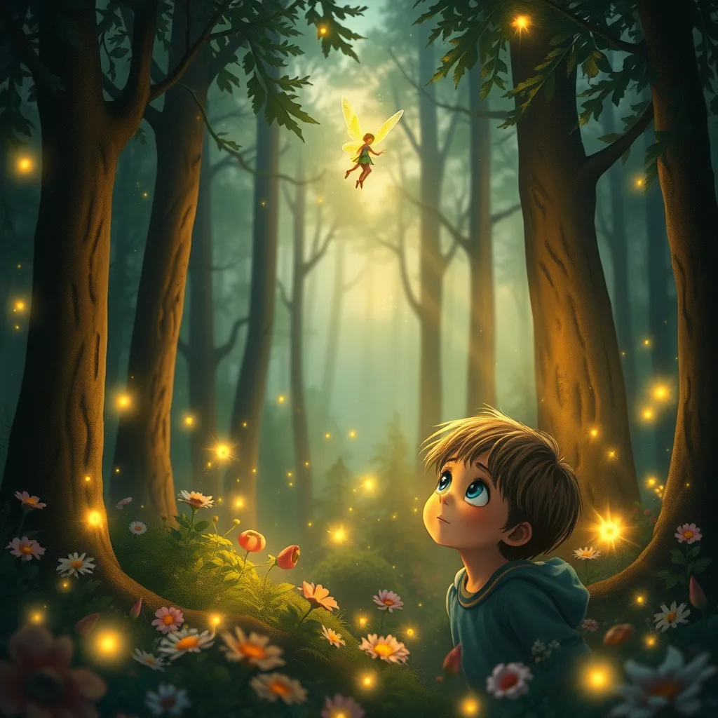 A magical moment in the forest with a fairy guiding a lost child, evoking wonder and friendship.