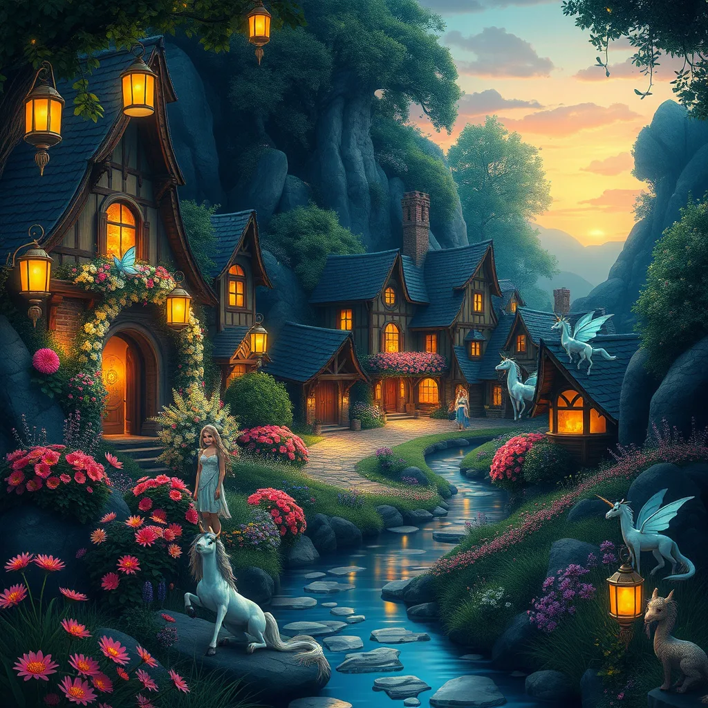 A magical hidden village alive with enchanting creatures, glowing lanterns, and vibrant flora at twilight.