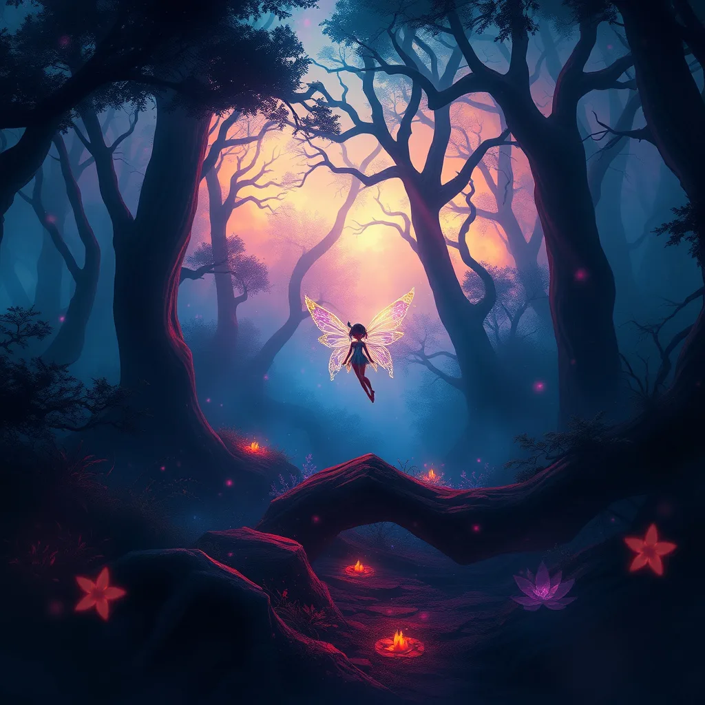 A brave fairy stands against dark magic in a mystical forest, surrounded by enchanting creatures and glowing lights.