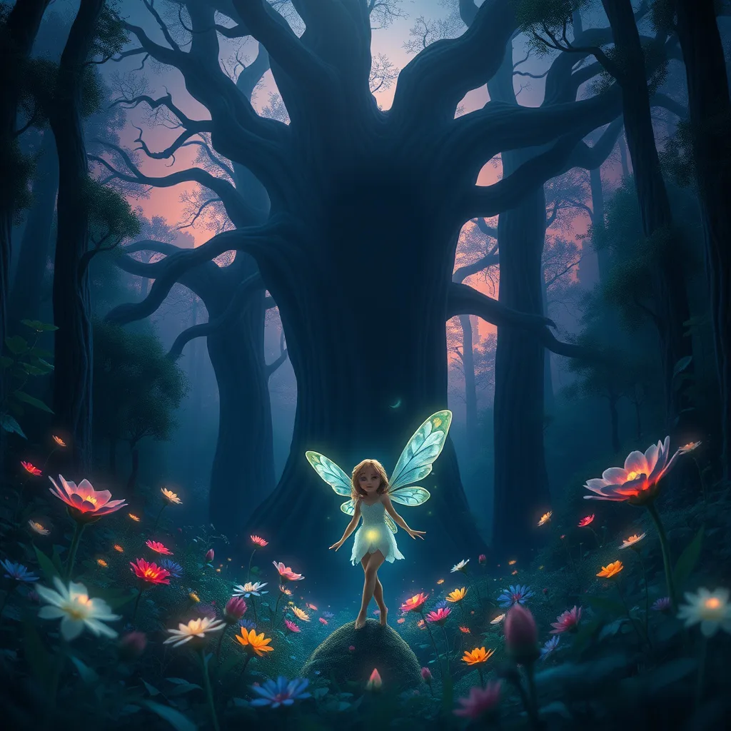 A courageous fairy confronts a looming darkness in a magical forest scene at twilight, filled with glowing flowers and ancient trees.