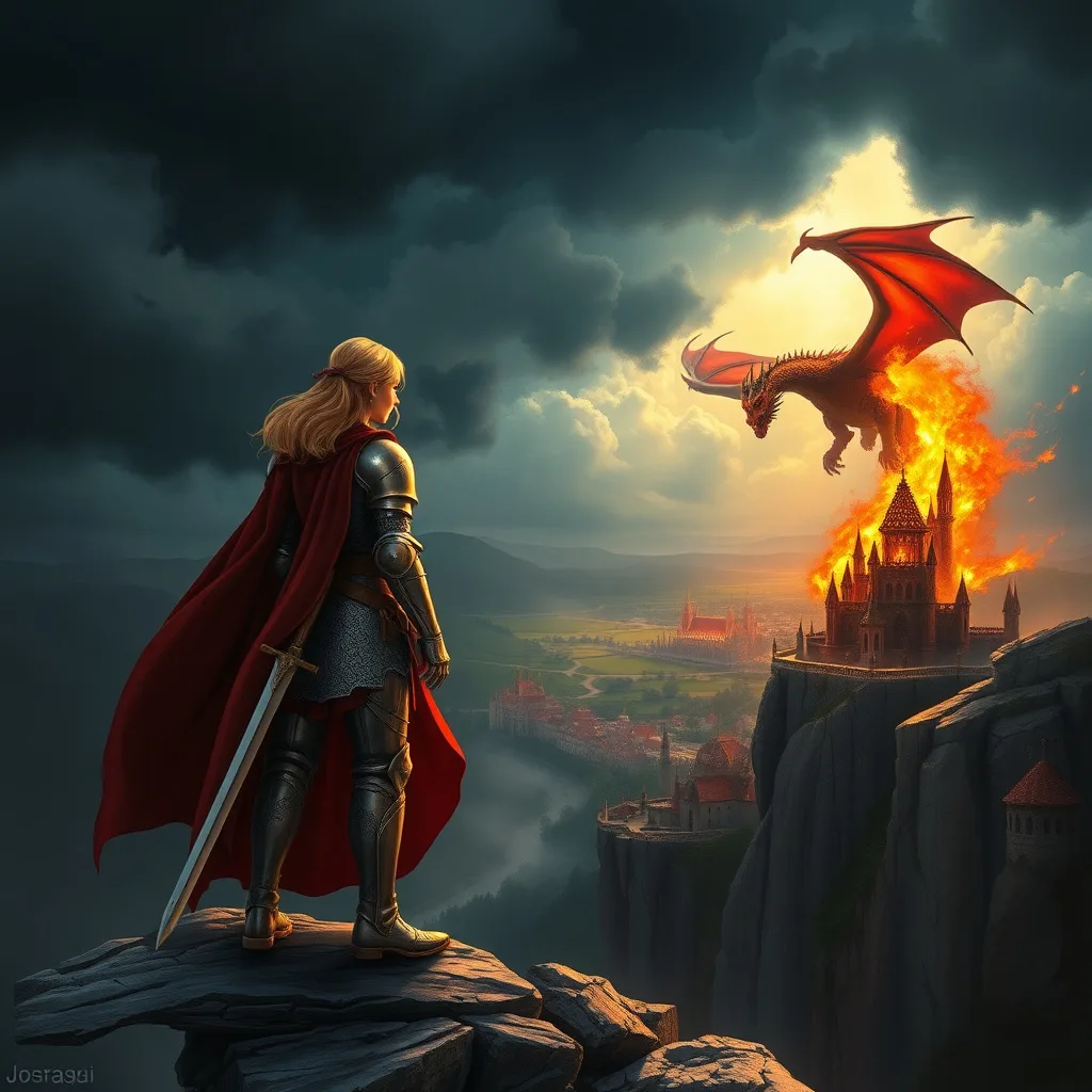 A fearless female knight standing defiantly against a dragon in a dark, stormy sky, symbolizing bravery and adventure.