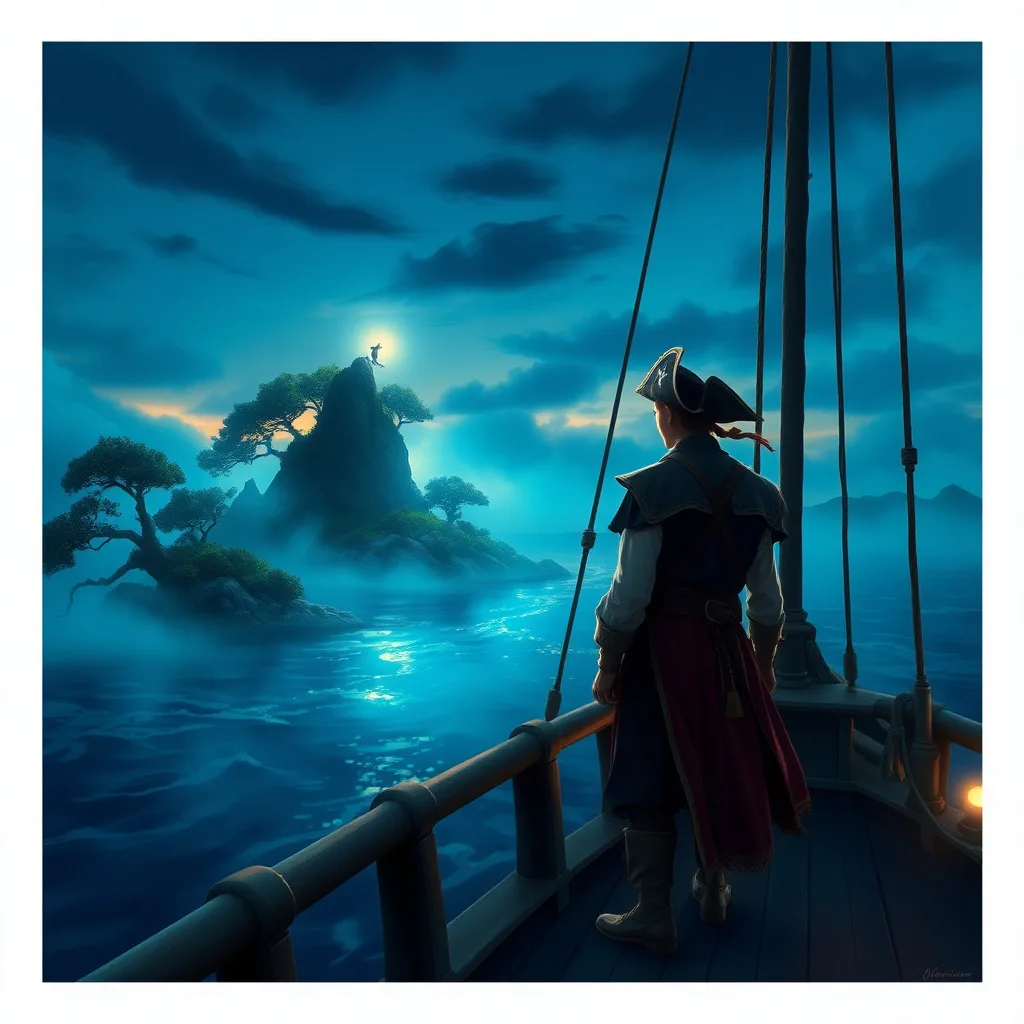 A young pirate captain on a ship looking toward a mystical island, filled with adventure and magic.