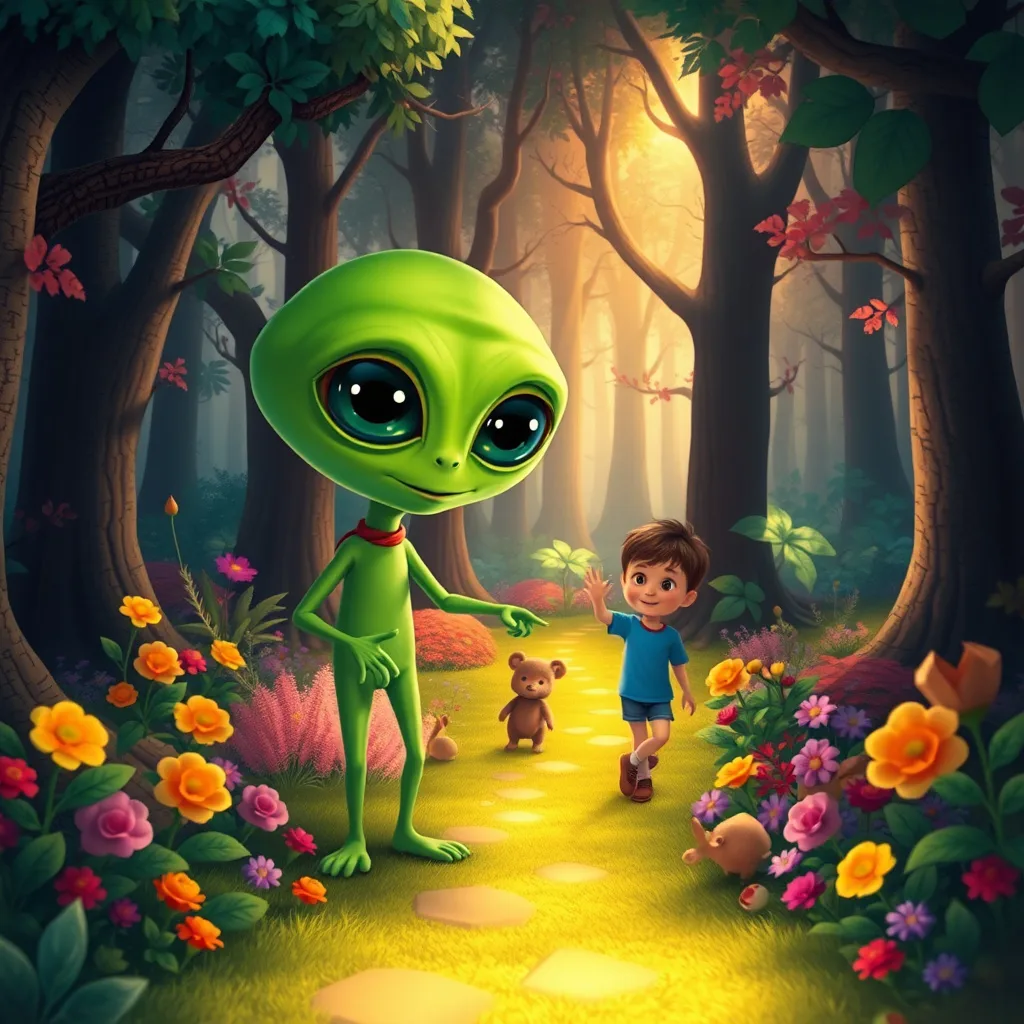 A magical scene of a friendly alien guiding a lost child through a colorful forest towards home.