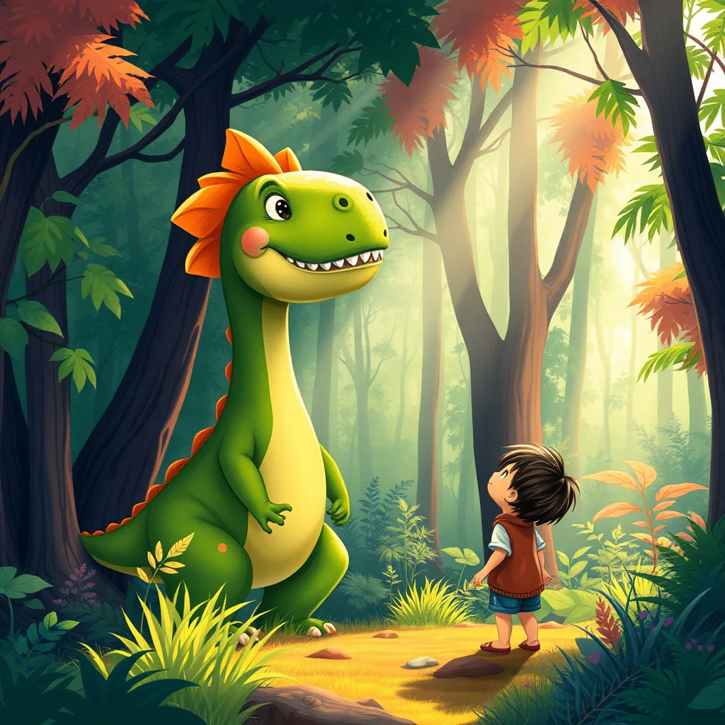 A warm scene of a friendly dinosaur helping a lost child in a colorful forest, evoking feelings of adventure and friendship.