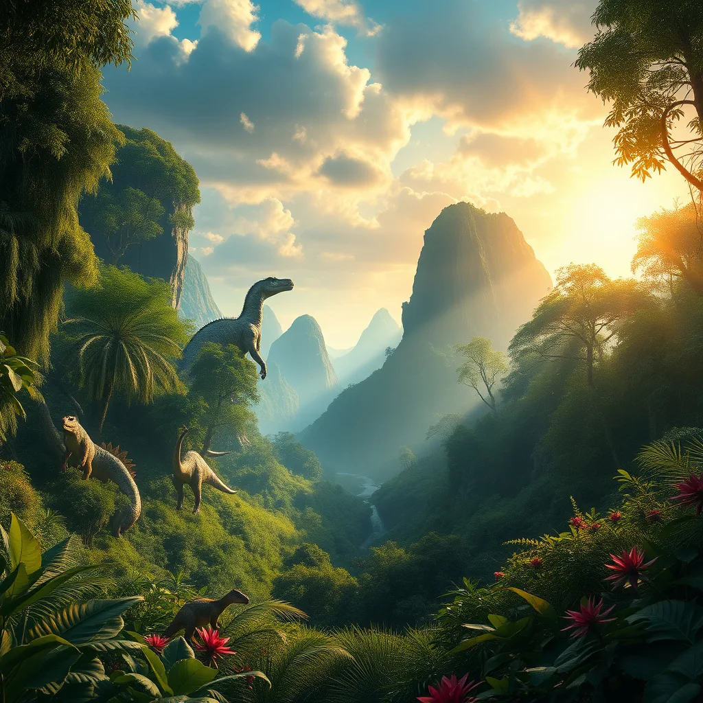 A breathtaking hidden valley with dinosaurs roaming among lush greenery under a vibrant sky, evoking a sense of adventure.