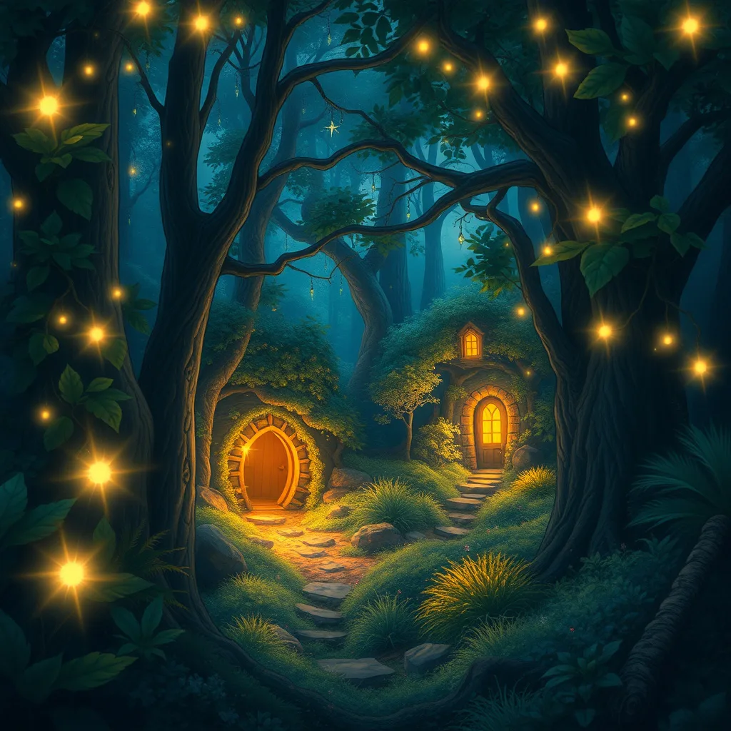 Whimsical forest scene with glowing fairy lights leading to a hidden kingdom, evoking a sense of magic and adventure.