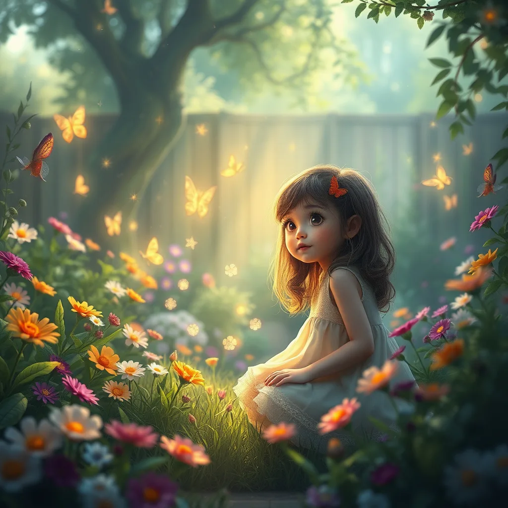 A magical backyard scene where a girl discovers a hidden fairy realm, vibrant colors and enchanting atmosphere.