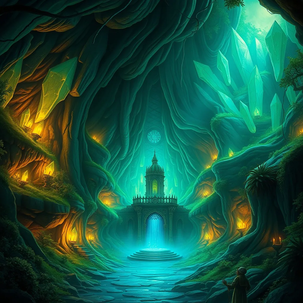 A mystical underground kingdom with glowing crystals and a grand entrance, capturing a sense of adventure and wonder.
