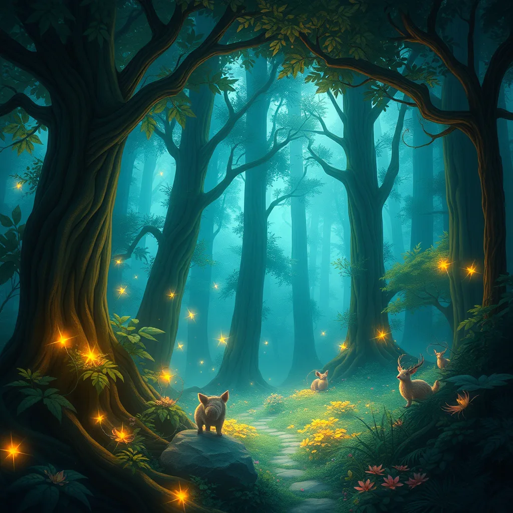 A magical forest filled with light and hidden creatures, evoking curiosity and enchantment.