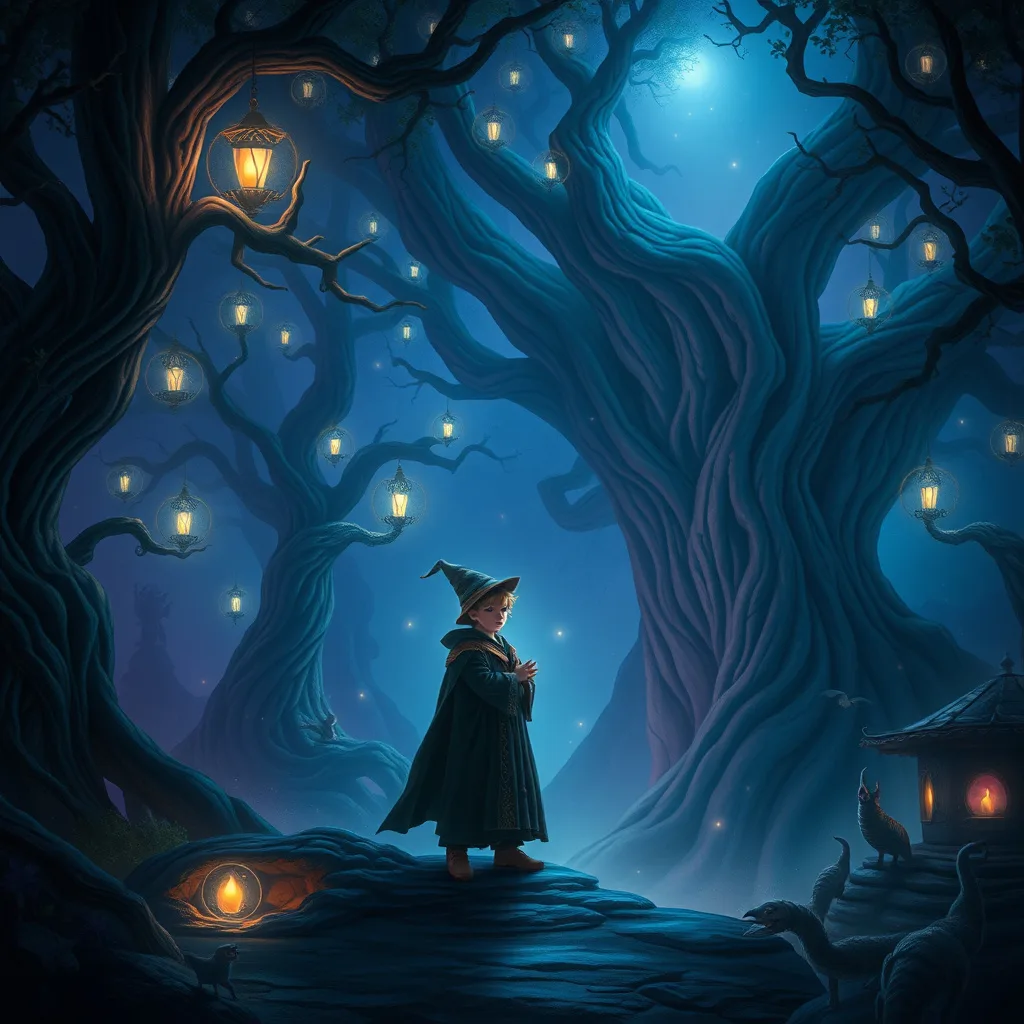A young wizard at the gateway to a hidden magical realm, surrounded by enchanting flora and mystical light.