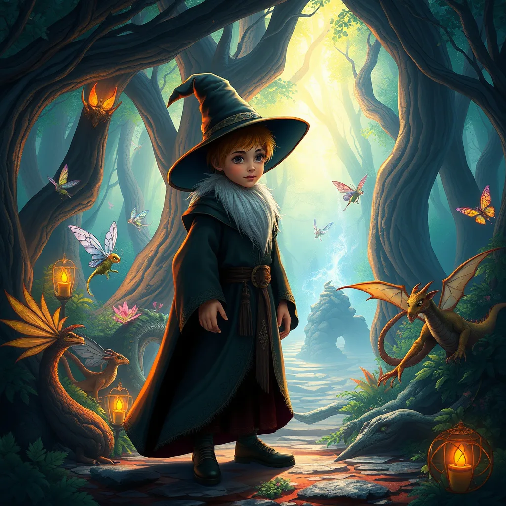 A young wizard at the entrance to a magical realm, filled with mystical creatures and vibrant forest scenery.