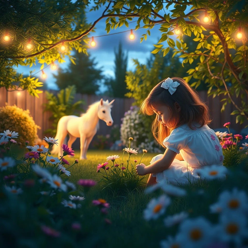 A magical moment as a young girl finds a hidden unicorn in her backyard, surrounded by vibrant flowers and soft twilight lights.