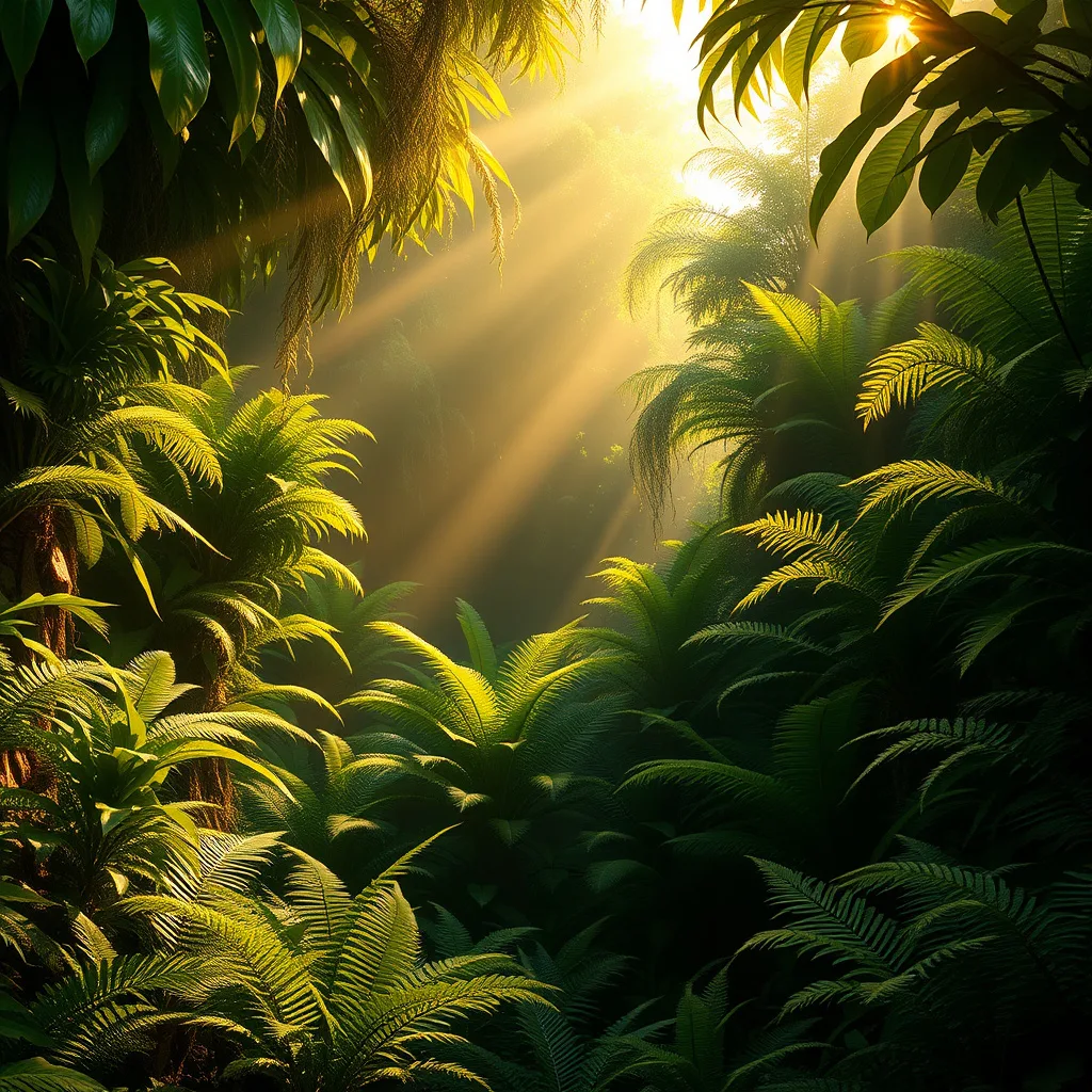 A lush valley filled with ancient plants, bathed in golden sunlight, creating a magical and serene atmosphere.