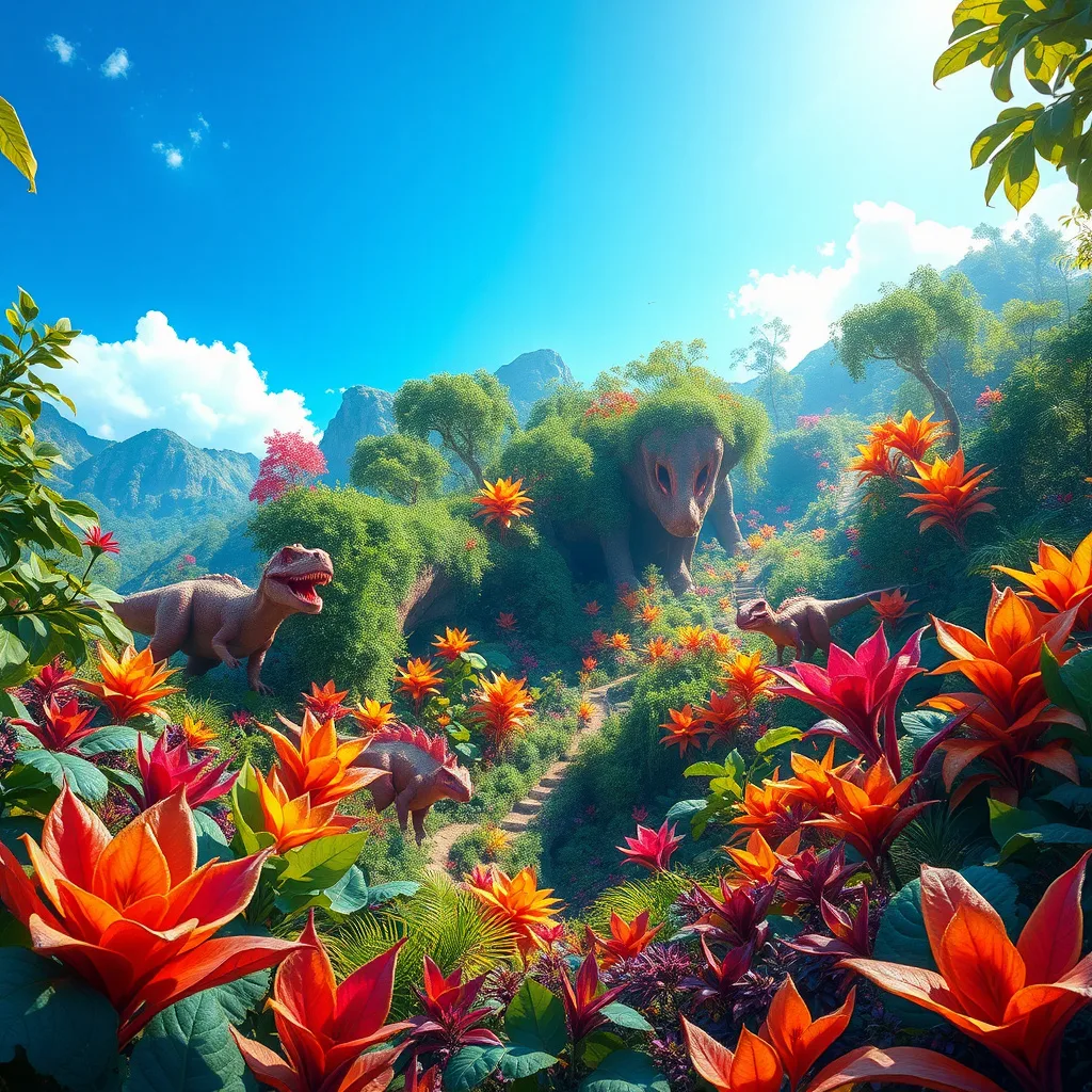 A vibrant hidden valley where dinosaurs explore magical plants, filled with colorful flora and bright sunlight.