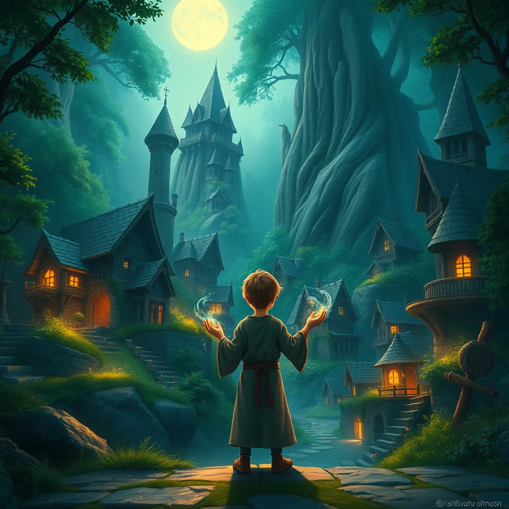 A young wizard in a mystical hidden village, surrounded by magic and nature, exploring their powers under moonlight.