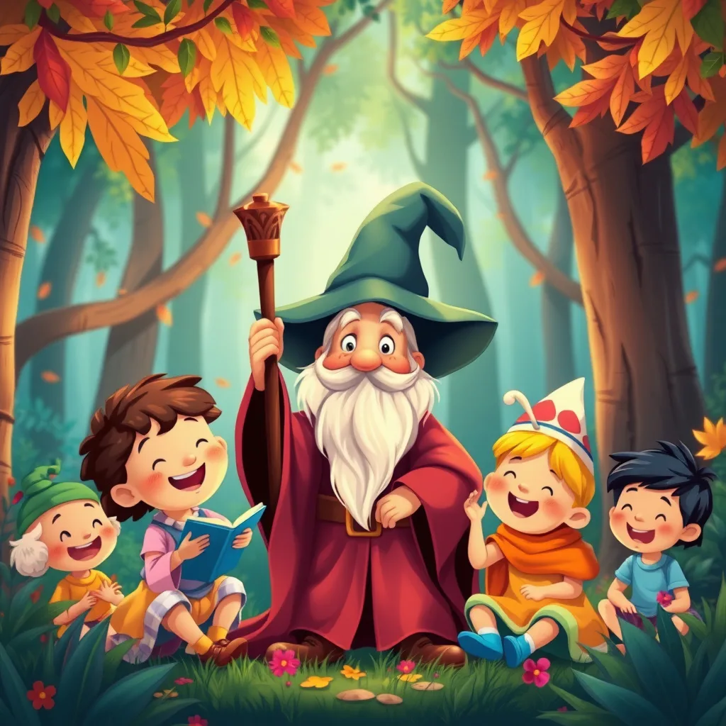 A whimsical scene of a friendly wizard teaching children about kindness in a vibrant forest, filled with warmth and magic.