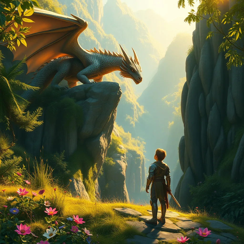 A young knight and a magnificent dragon in a sunlit hidden valley, showcasing a magical atmosphere of friendship.