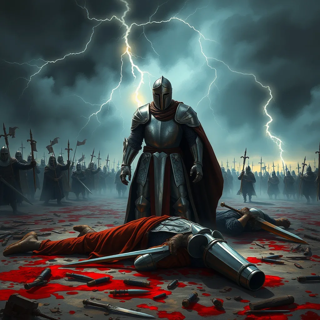 A knight stands torn between loyalty and compassion on a thunderous battlefield, the atmosphere charged with conflict and emotion.