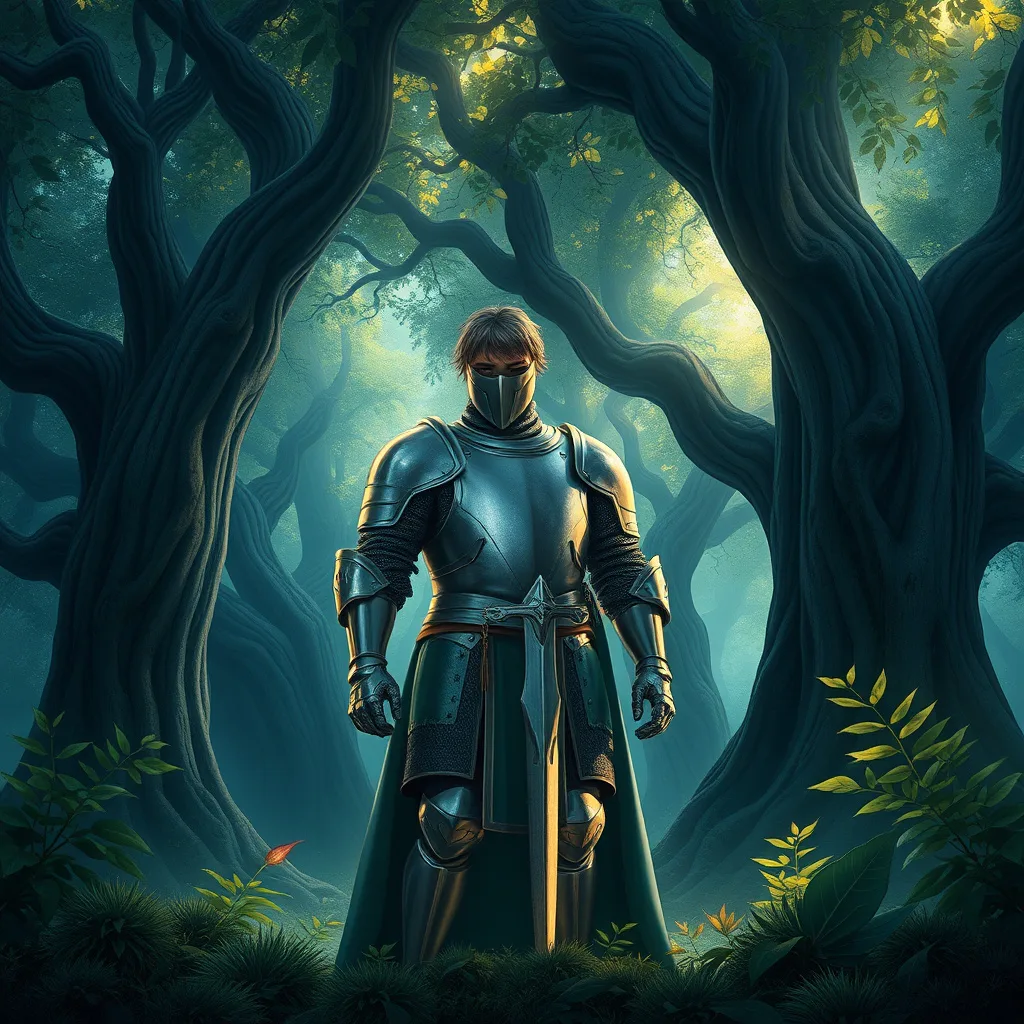 A knight poised at the entrance of a magical forest, ready for adventure and discovery.