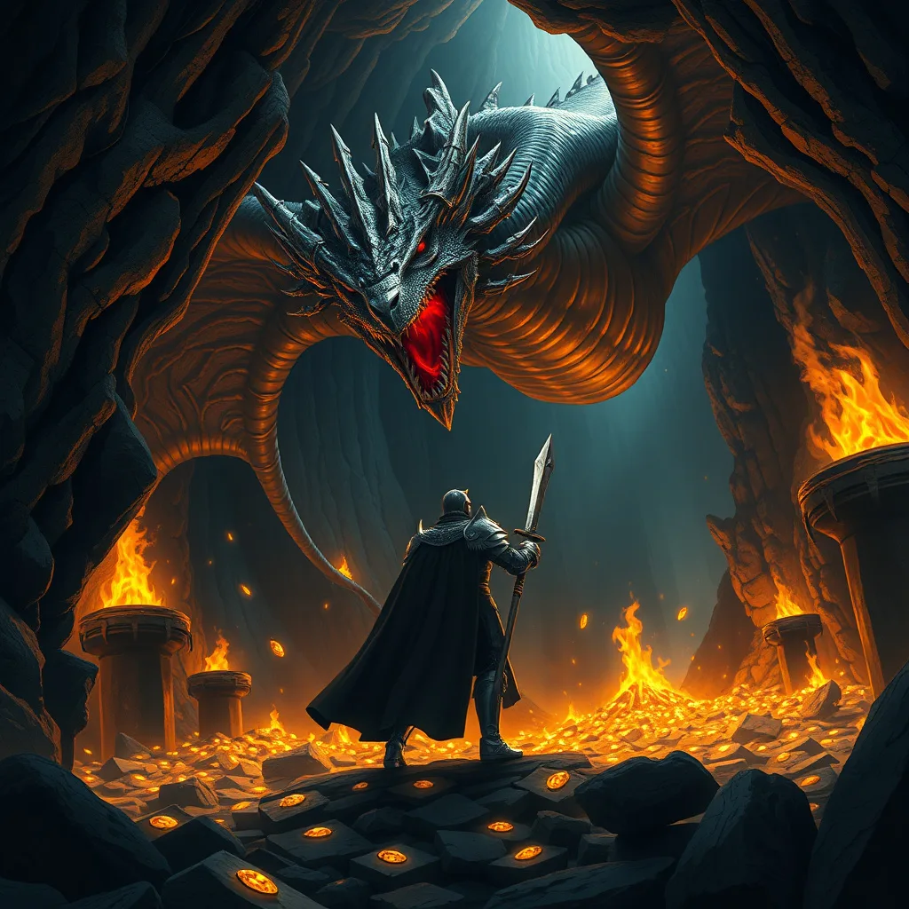 A brave knight faces a colossal dragon in a treasure-filled cave, showcasing tension and bravery.