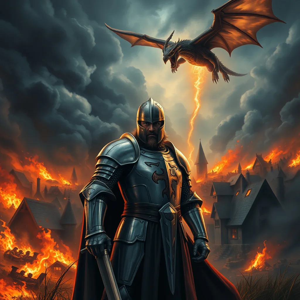 A heroic knight stands before a burning village, confronting a menacing dragon overhead amidst stormy skies.