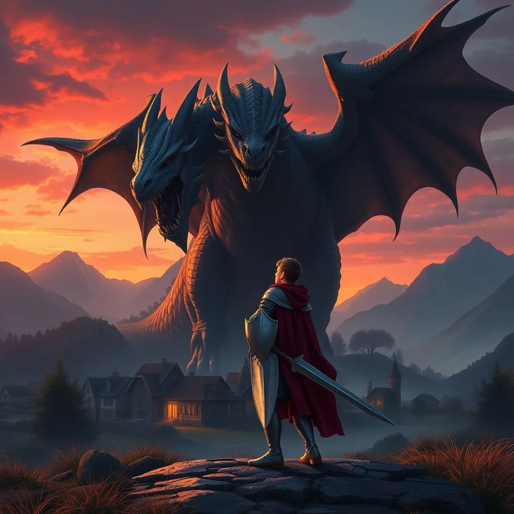 A brave young knight facing a menacing dragon above his village at dusk, capturing the essence of courage and adventure.