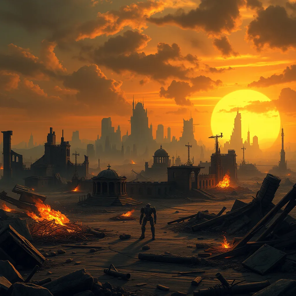 A lone robot amidst the ruins of a post-apocalyptic city, symbolizing hope and resilience.